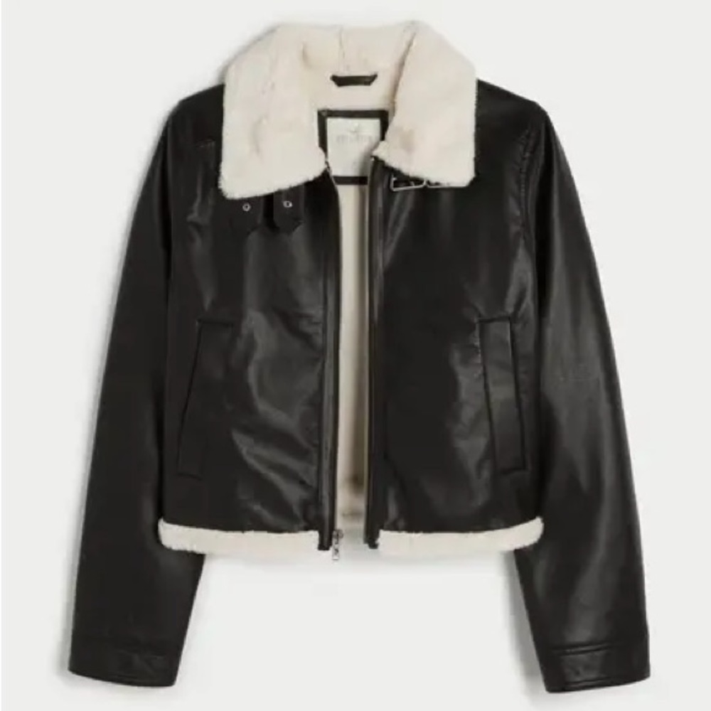 Hollister Women's Black Leather Jacket with White Fleece